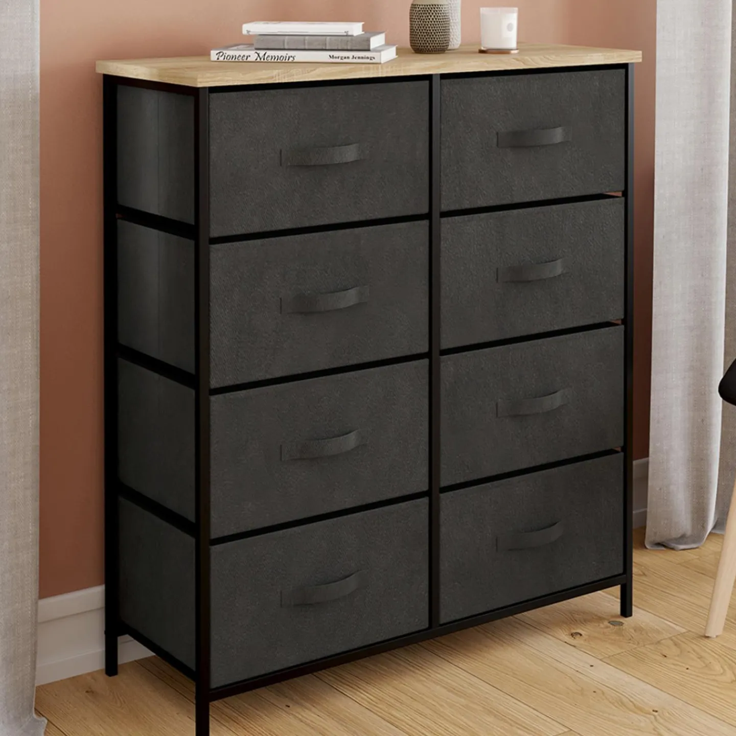 Commode 8 tiroirs en tissu gris anthracite et plateau effet bois*IDMarket New