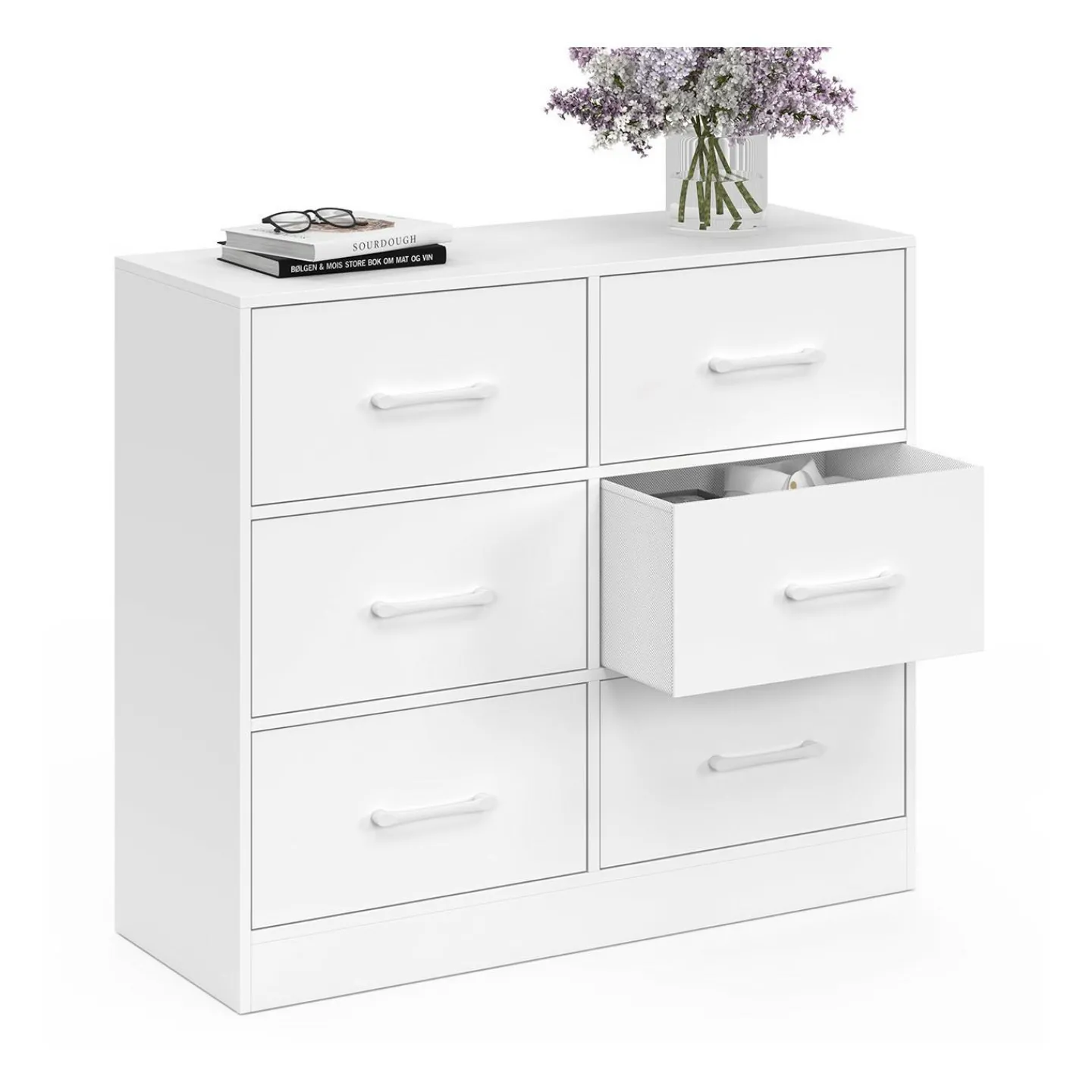 Commode 6 tiroirs en tissu 80 cm meuble de rangement bois blanc*IDMarket Best