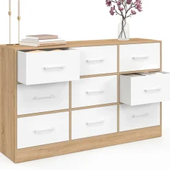 Commode 9 tiroirs en tissu 113 cm meuble de rangement bois façon hêtre et blanc*IDMarket Hot