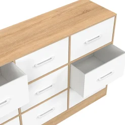 Commode 9 tiroirs en tissu 113 cm meuble de rangement bois façon hêtre et blanc*IDMarket Hot