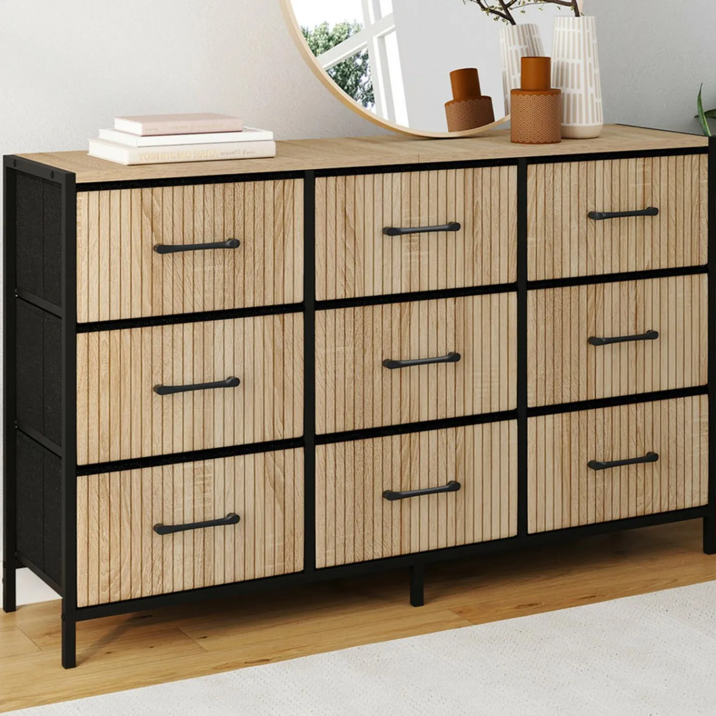 Commode 9 tiroirs en tissu 115 CM effet lattes, design industriel*IDMarket Clearance