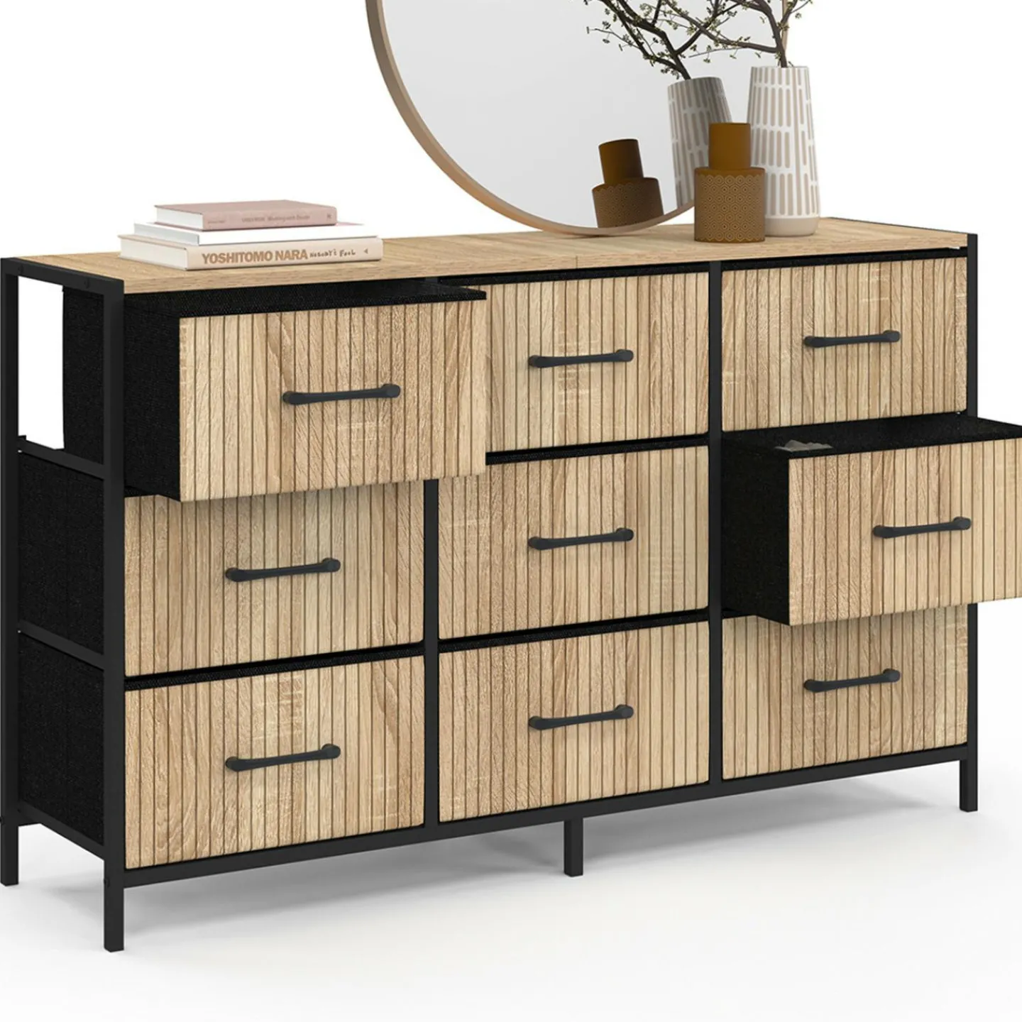 Commode 9 tiroirs en tissu 115 CM effet lattes, design industriel*IDMarket Clearance