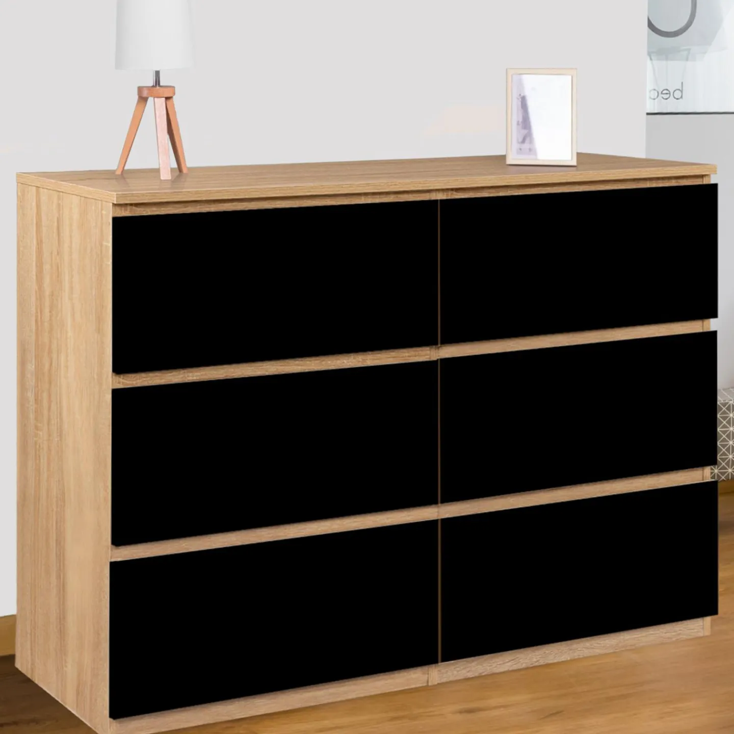 Commode 6 tiroirs noire et bois façon hêtre 110x80cm*IDMarket Hot