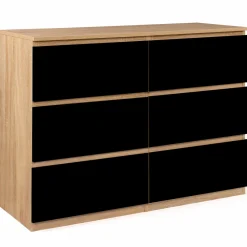 Commode 6 tiroirs noire et bois façon hêtre 110x80cm*IDMarket Hot