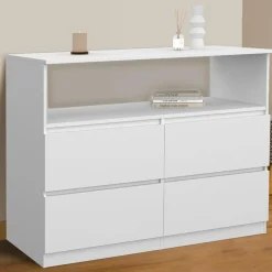 Commode avec 4 tiroirs bois blanc 100 cm avec niche*IDMarket Discount