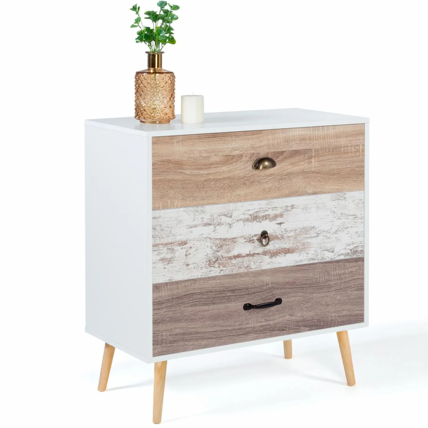 Commode blanche 3 tiroirs effet bois vieilli*IDMarket Hot