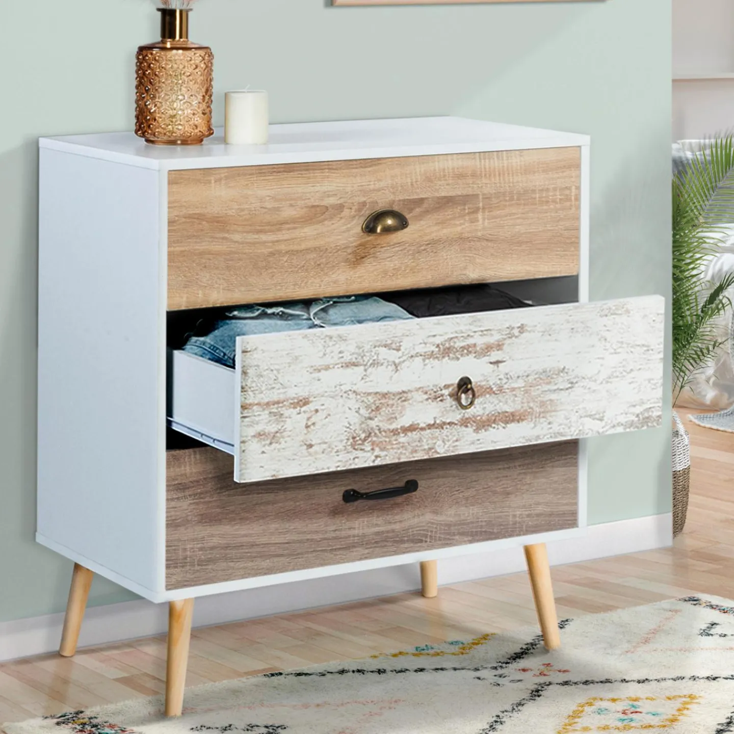 Commode blanche 3 tiroirs effet bois vieilli*IDMarket Hot