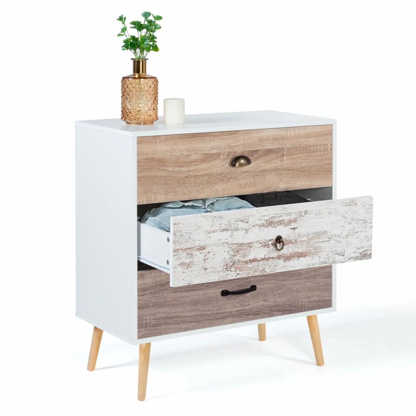 Commode blanche 3 tiroirs effet bois vieilli*IDMarket Hot