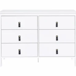 Commode blanche 6 tiroirs avec poignées effet cuir noir*IDMarket Hot