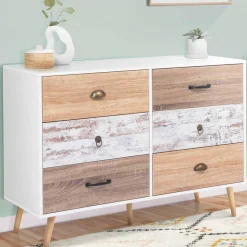 Commode blanche 6 tiroirs effet bois vieilli*IDMarket Best