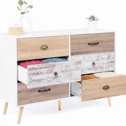 Commode blanche 6 tiroirs effet bois vieilli*IDMarket Best