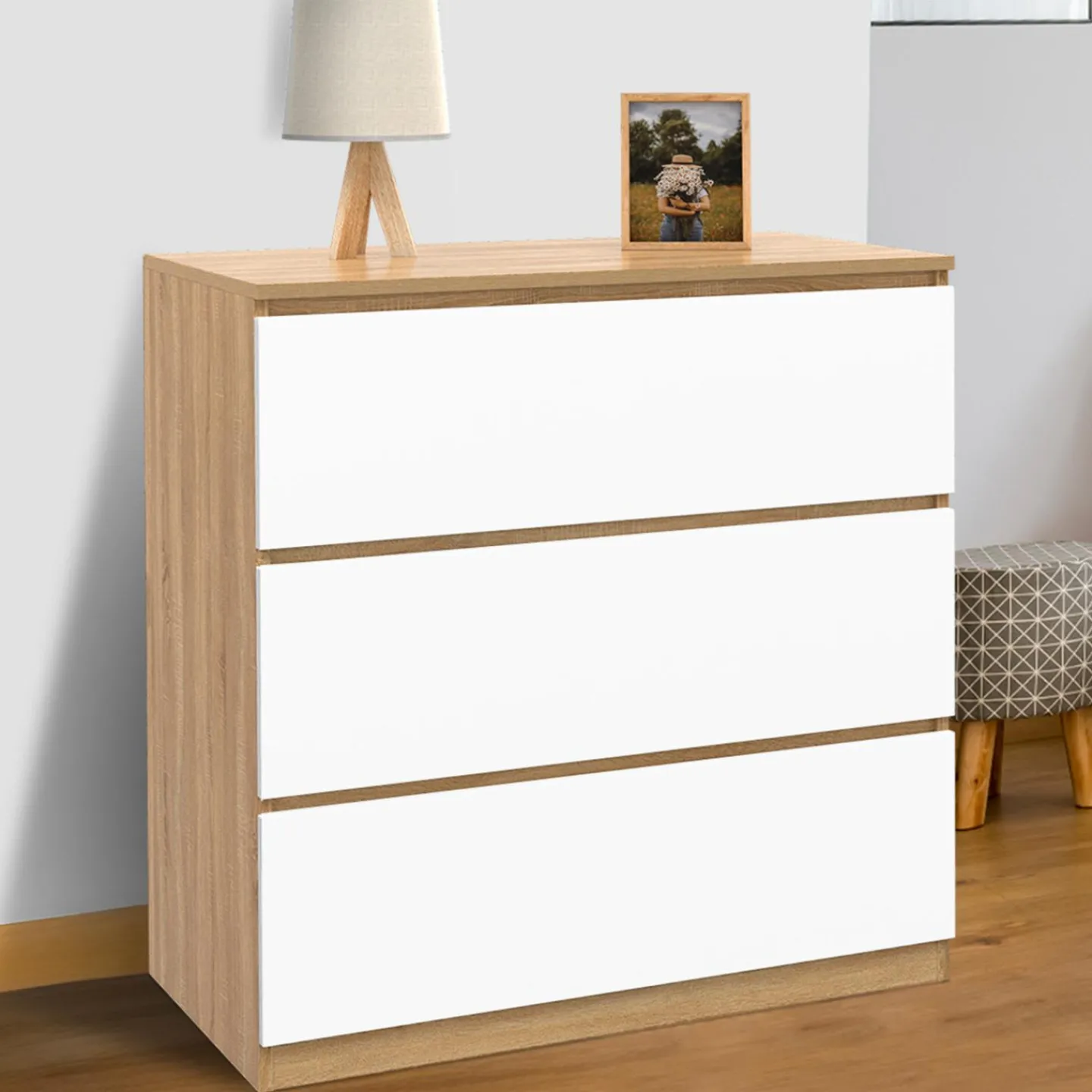 Commode bois façon hêtre et blanc 3 tiroirs 78 cm*IDMarket Best