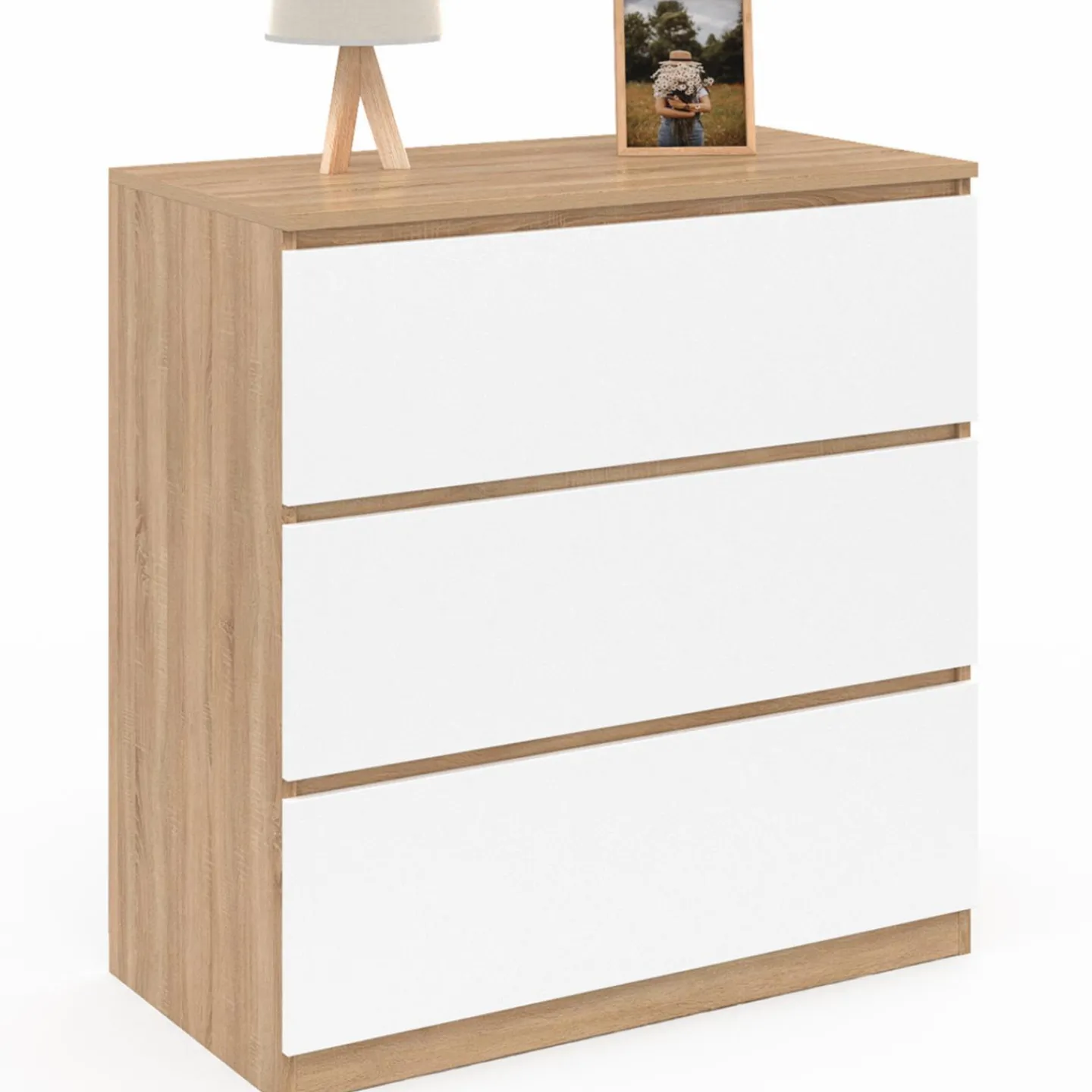 Commode bois façon hêtre et blanc 3 tiroirs 78 cm*IDMarket Best
