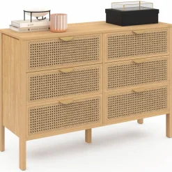 Commode cannage coloris bois avec 6 tiroirs*IDMarket Hot