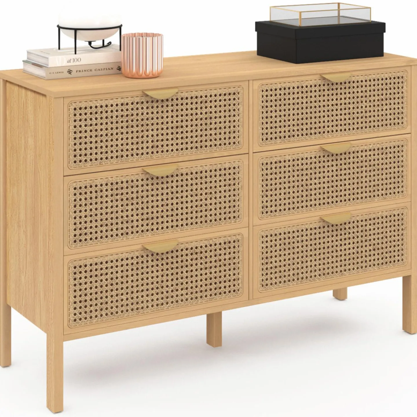 Commode cannage coloris bois avec 6 tiroirs*IDMarket Hot