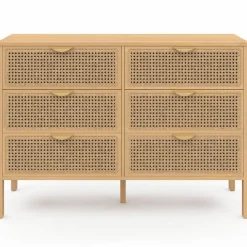 Commode cannage coloris bois avec 6 tiroirs*IDMarket Hot