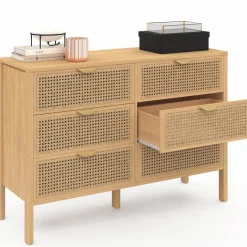 Commode cannage coloris bois avec 6 tiroirs*IDMarket Hot