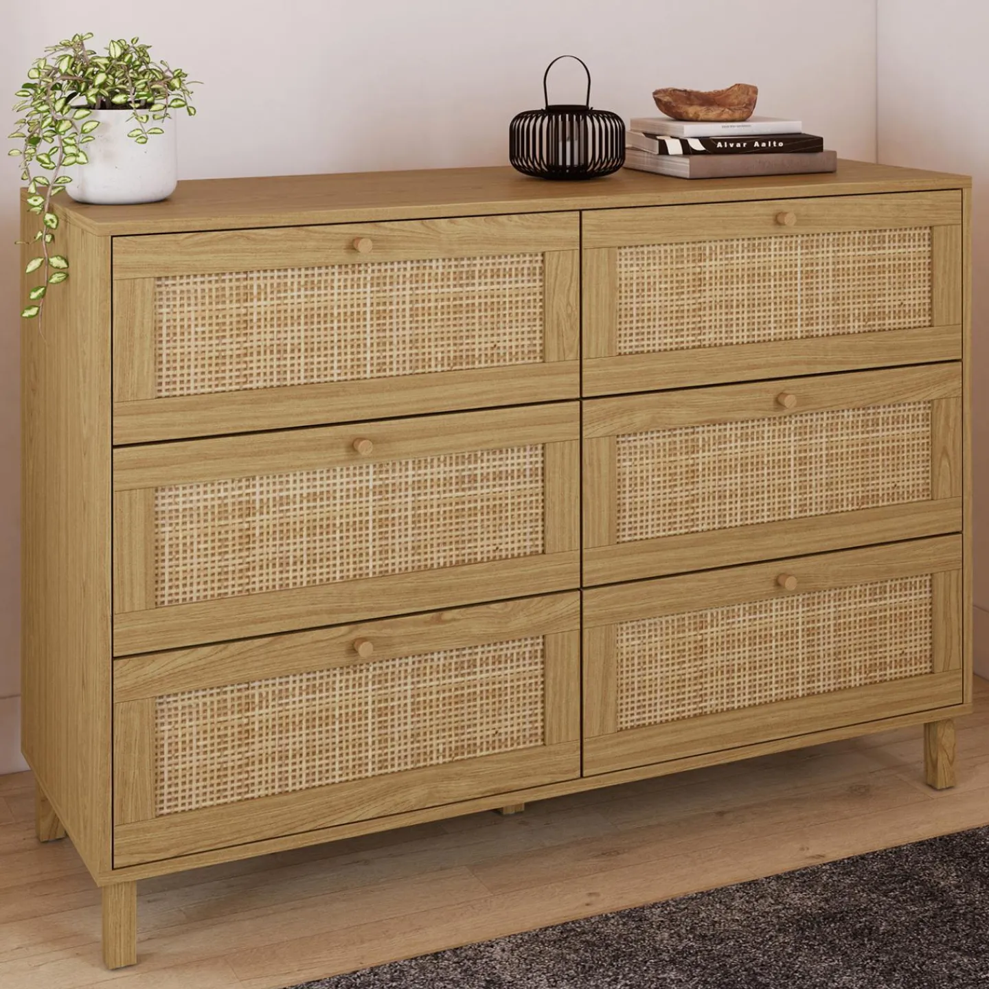 Commode cannage effet naturel avec 6 tiroirs*IDMarket Hot