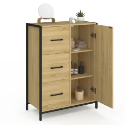 Commode de rangement salle de bain design industriel 3 tiroirs 1 placard*IDMarket