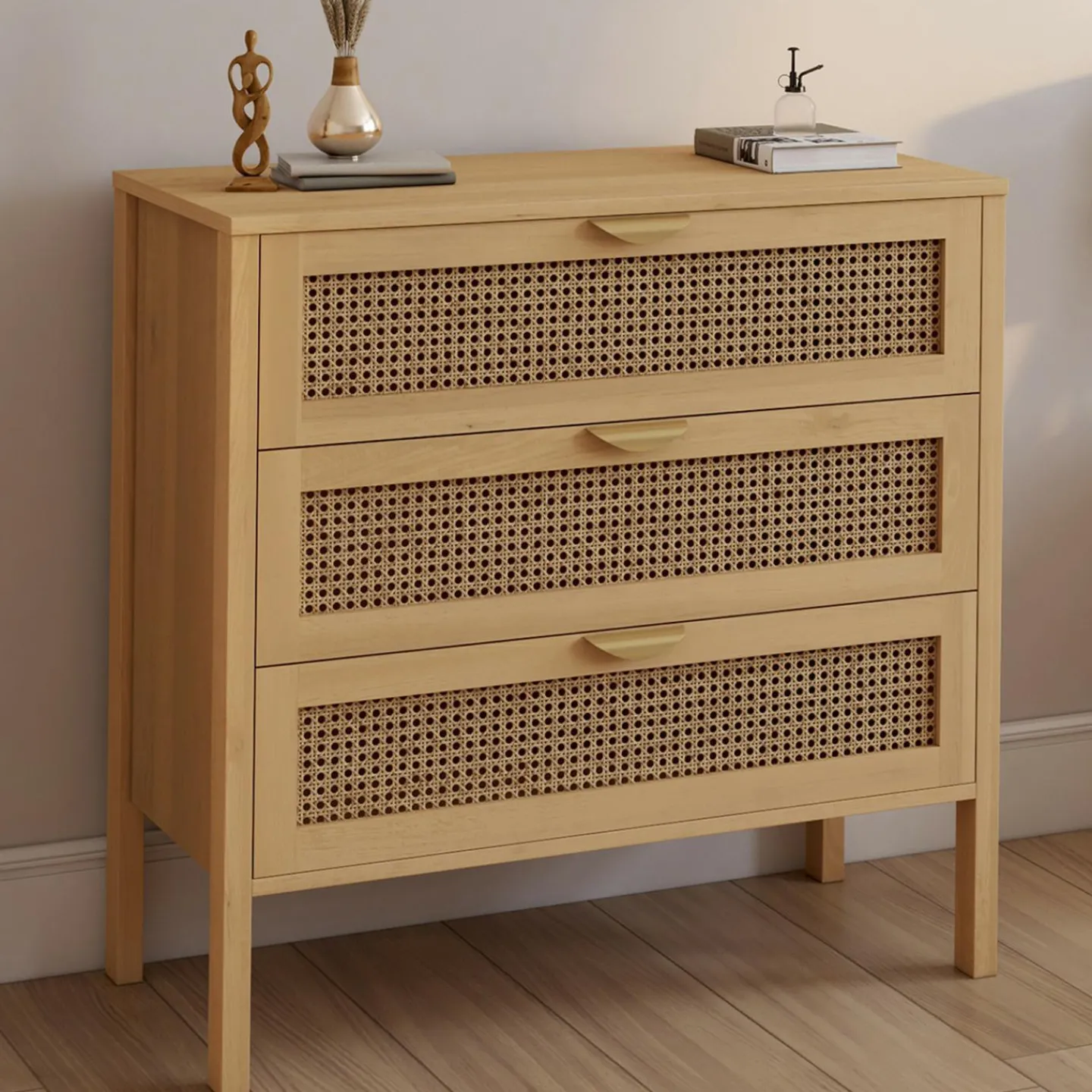 Commode en bois 3 tiroirs cannage 80 cm*IDMarket