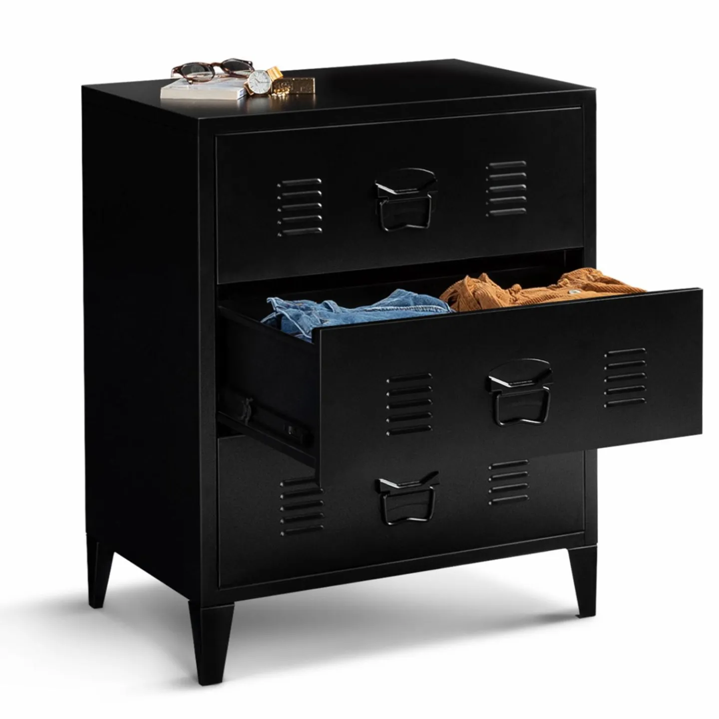 Commode industrielle bois noir 3 tiroirs en métal*IDMarket Clearance