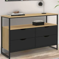 Commode industrielle noir et bois 4 tiroirs avec étagère*IDMarket