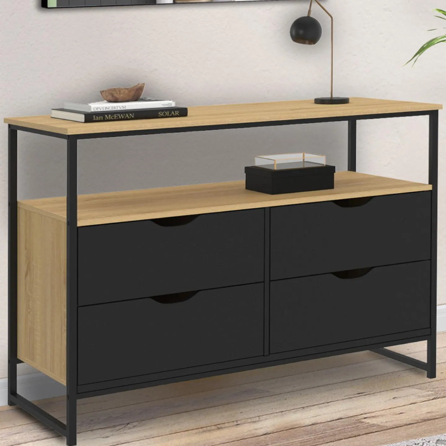 Commode industrielle noir et bois 4 tiroirs avec étagère*IDMarket