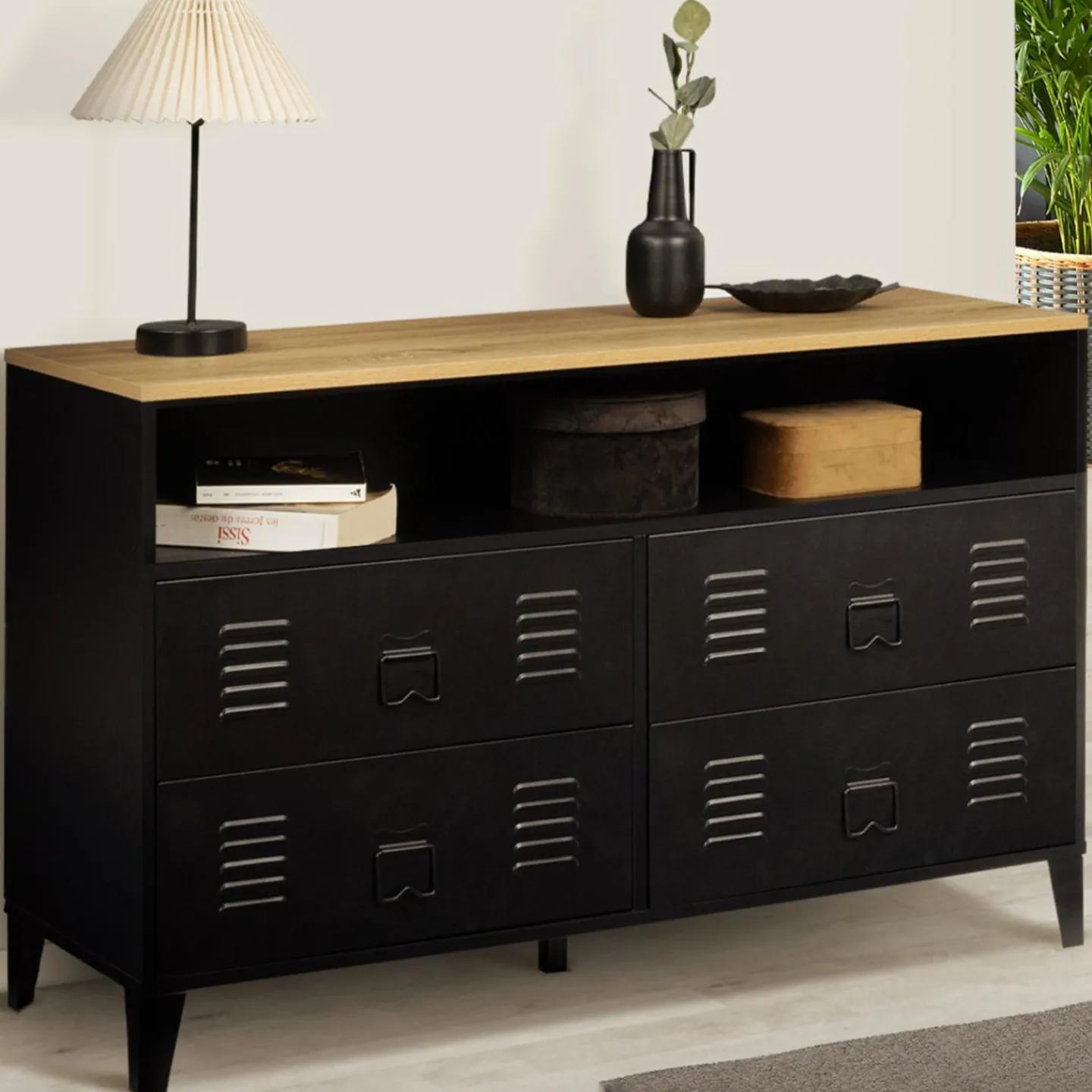 Commode industrielle portes en métal noir avec 4 tiroirs*IDMarket New