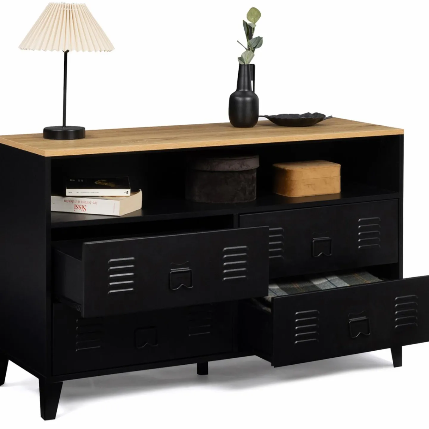 Commode industrielle portes en métal noir avec 4 tiroirs*IDMarket New