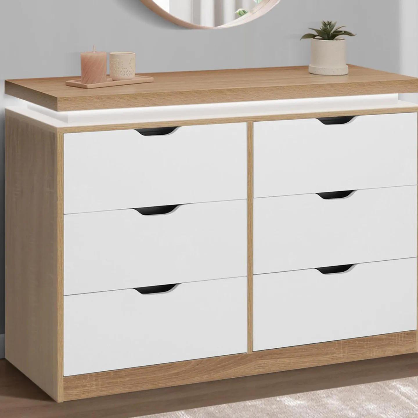 Commode LED blanche et plateau bois 6 tiroirs*IDMarket Hot