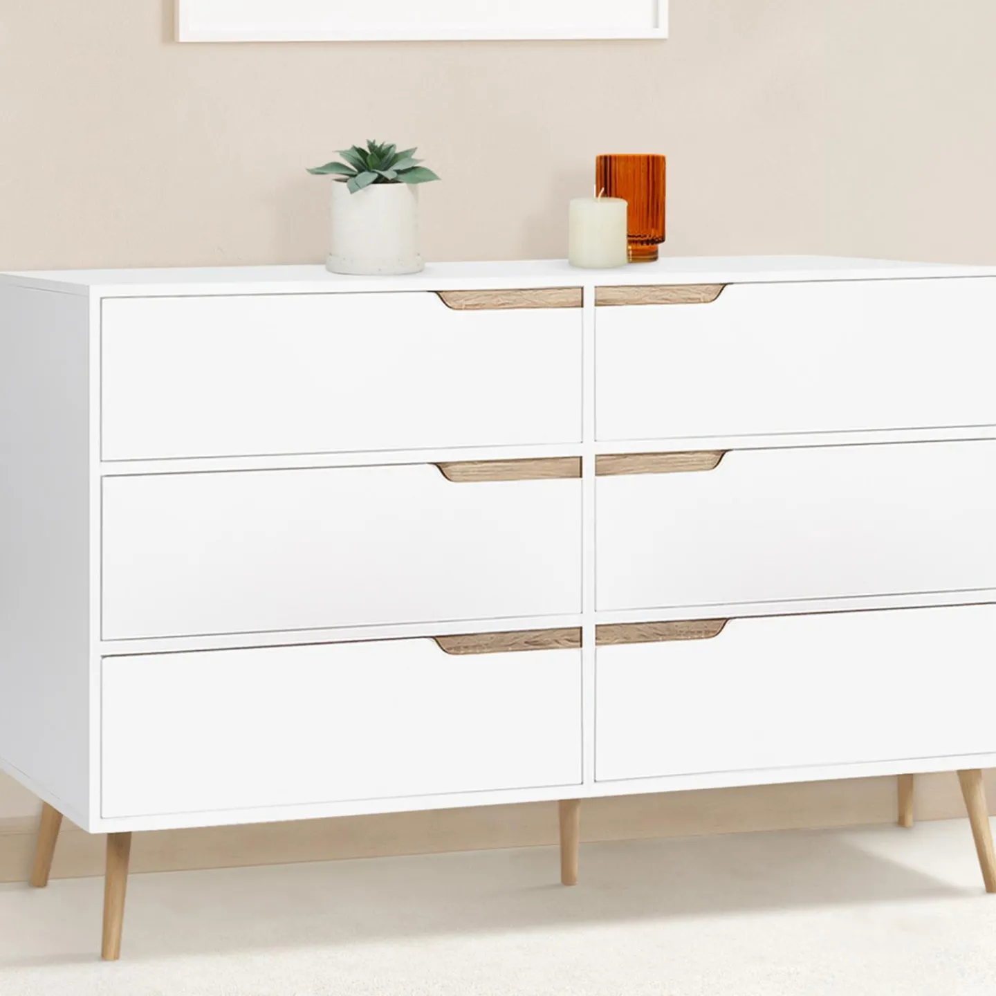 Commode scandinave 6 tiroirs blanche avec pieds en bois*IDMarket Discount