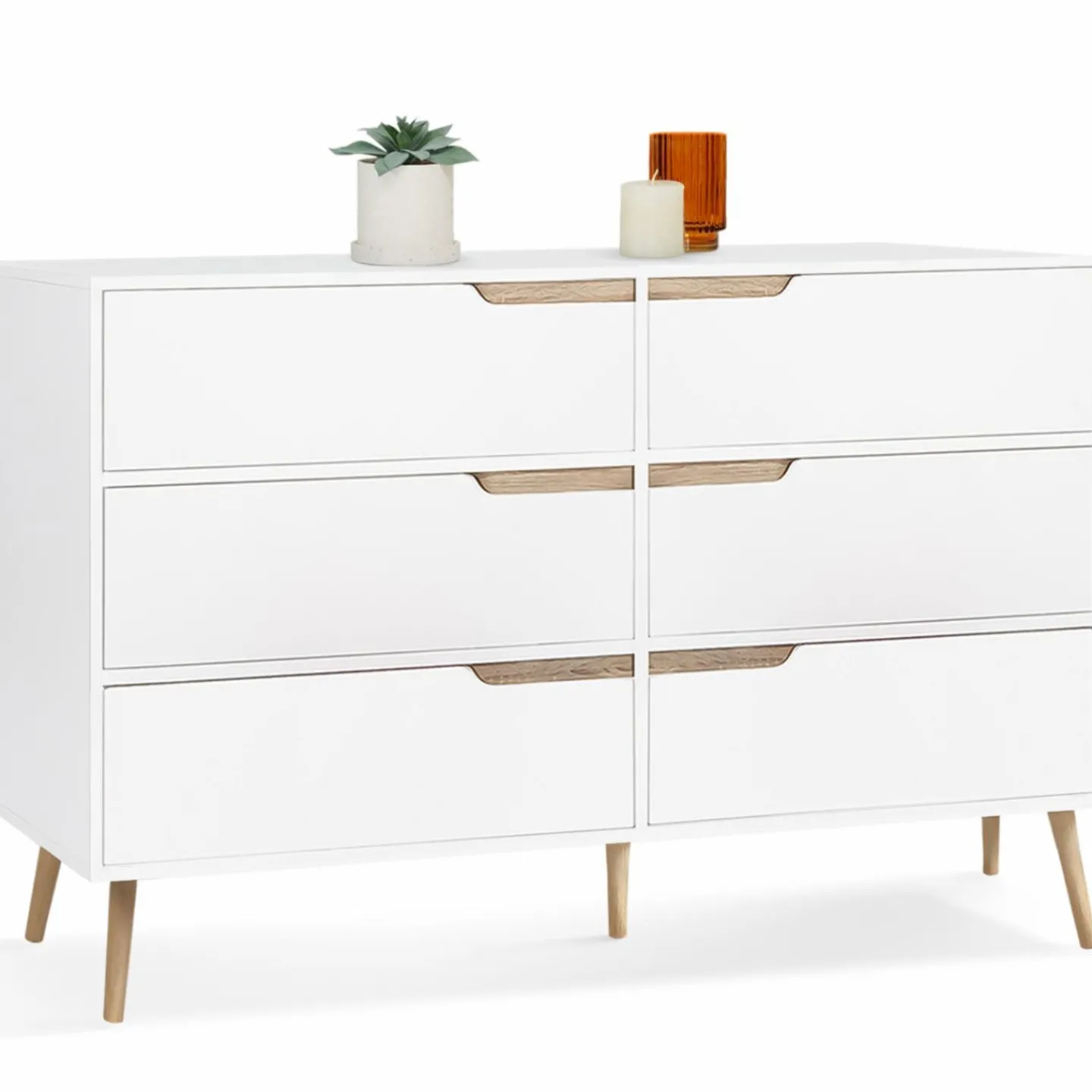 Commode scandinave 6 tiroirs blanche avec pieds en bois*IDMarket Discount