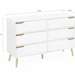 Commode scandinave 6 tiroirs blanche avec pieds en bois*IDMarket Discount
