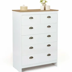 Commode style campagne chic 6 tiroirs blanche et bois*IDMarket Online