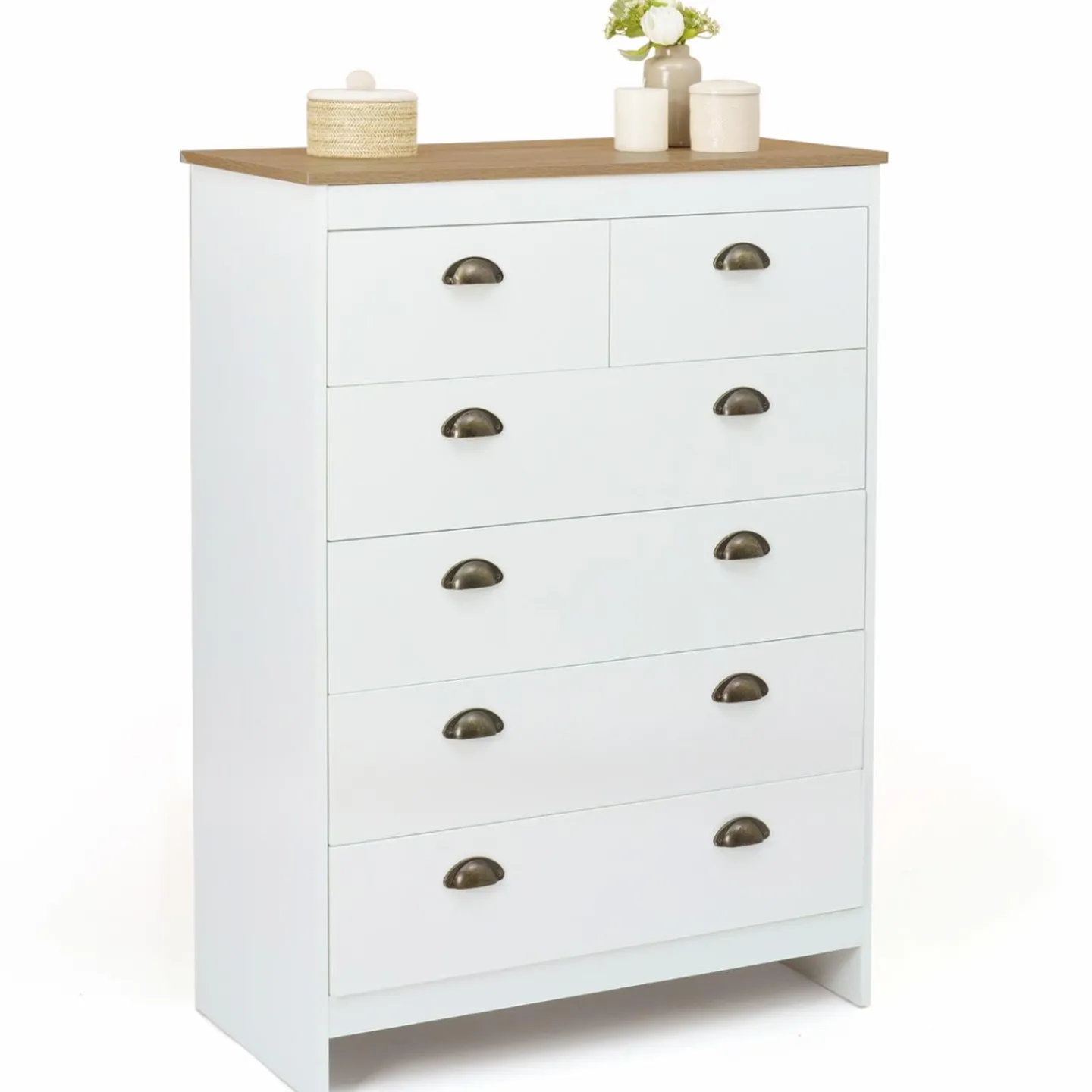 Commode style campagne chic 6 tiroirs blanche et bois*IDMarket Online