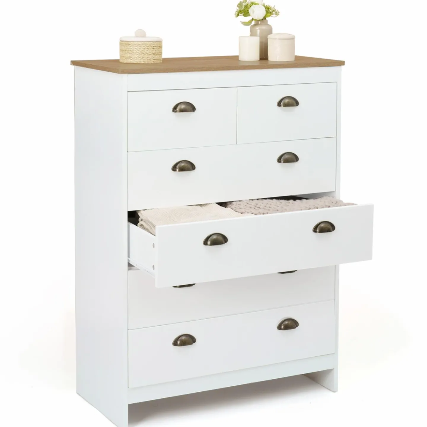 Commode style campagne chic 6 tiroirs blanche et bois*IDMarket Online