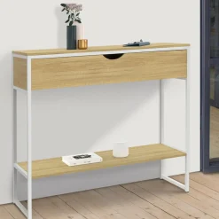 Console 1 tiroir et 1 étagère design industriel bois et métal blanc*IDMarket New