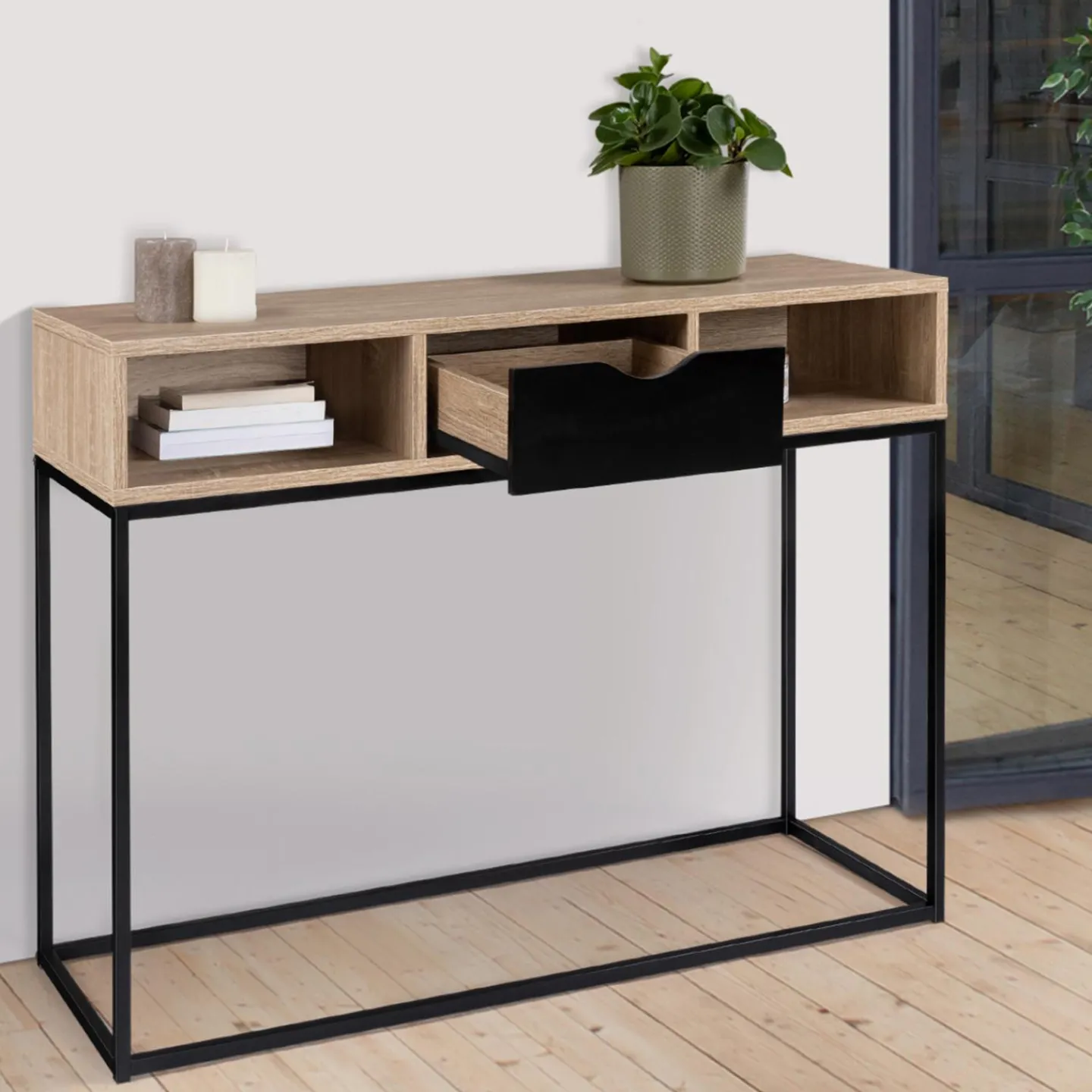 Console 1 tiroir noir avec rangements design industriel*IDMarket Discount