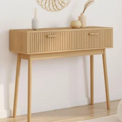 Console 2 tiroirs JULIETTE lattes tasseau bois coloris chêne*IDMarket Sale