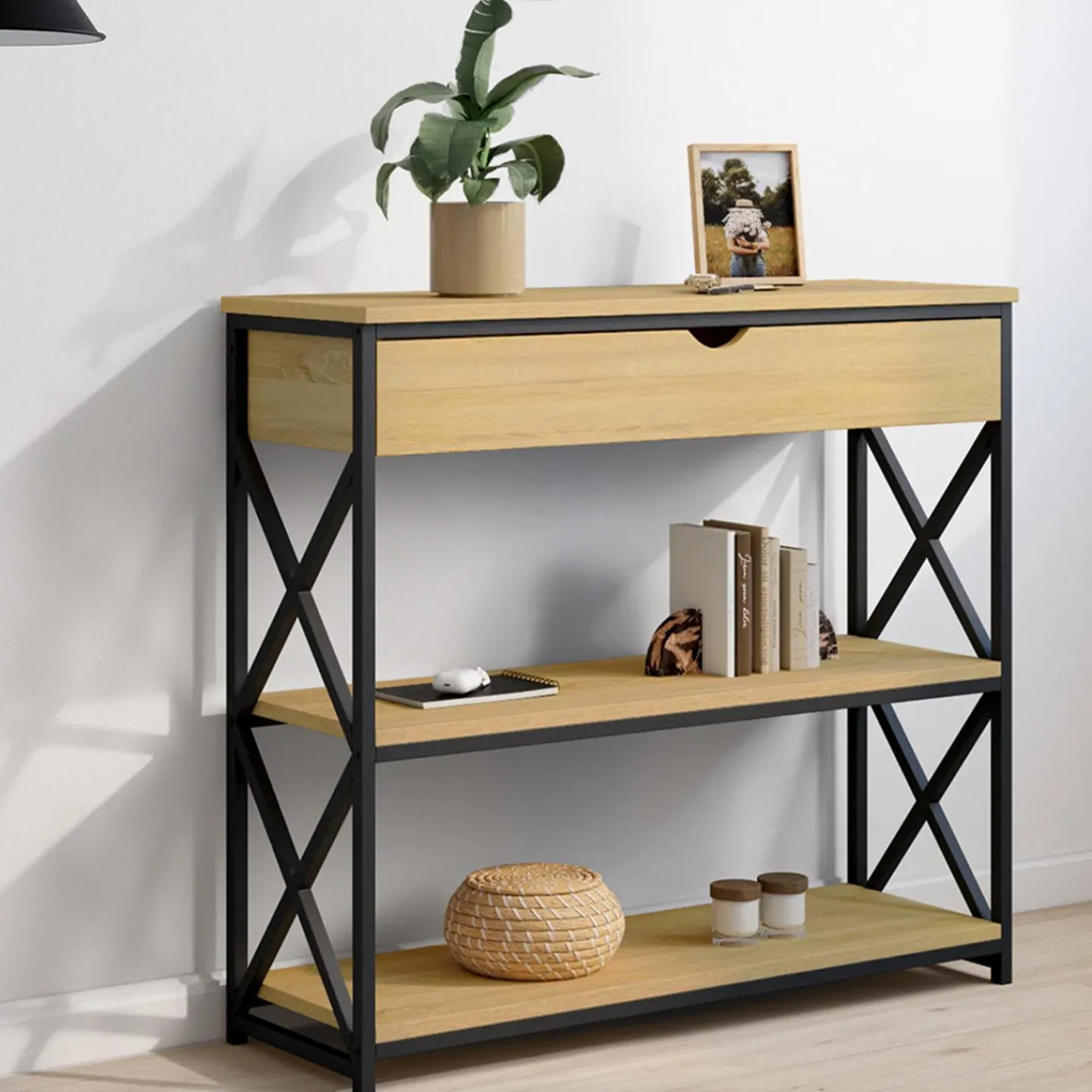 Console bois et métal 1 tiroir 2 étagères design industriel*IDMarket Hot