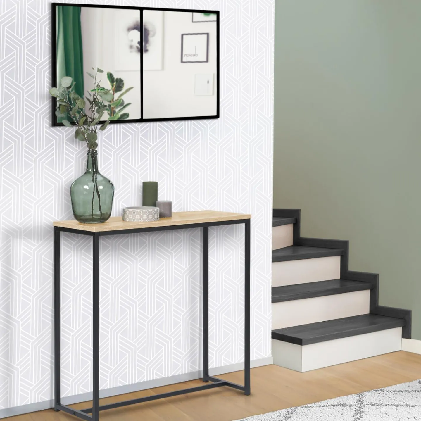 Console bois et métal noir avec miroir 2 bandes design industriel*IDMarket Clearance