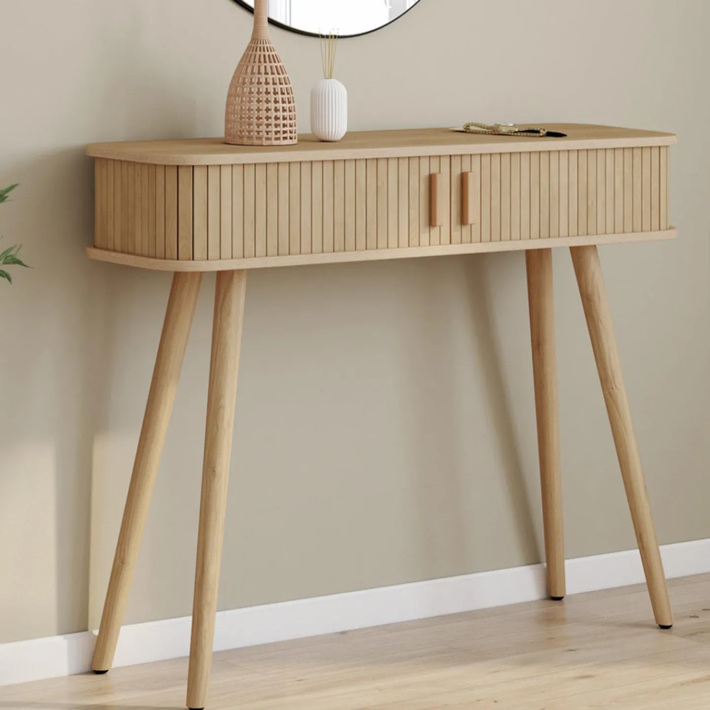 Console d’entrée bois 2 portes coulissantes effet lattes*IDMarket New