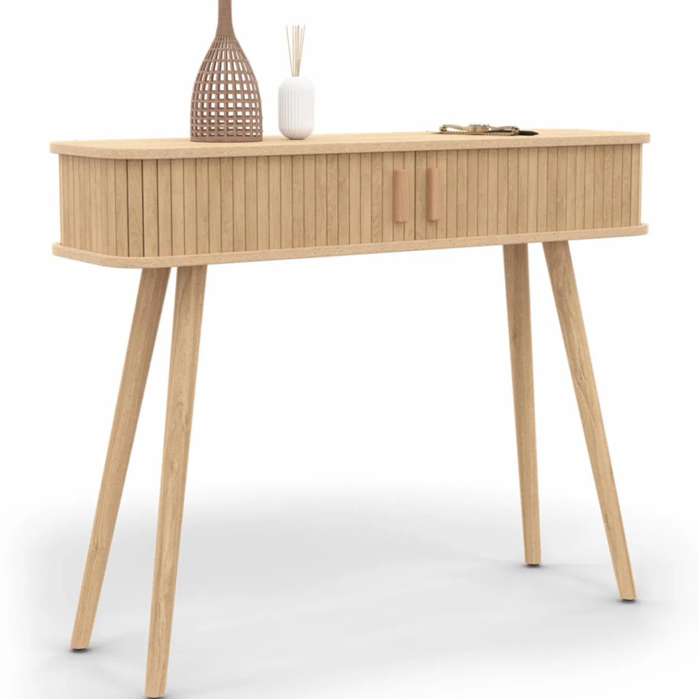 Console d’entrée bois 2 portes coulissantes effet lattes*IDMarket New