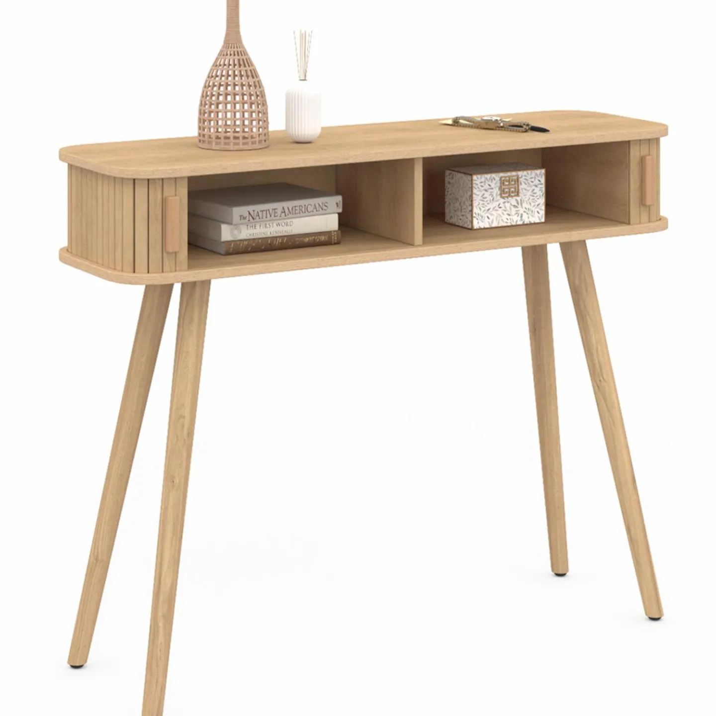 Console d’entrée bois 2 portes coulissantes effet lattes*IDMarket New