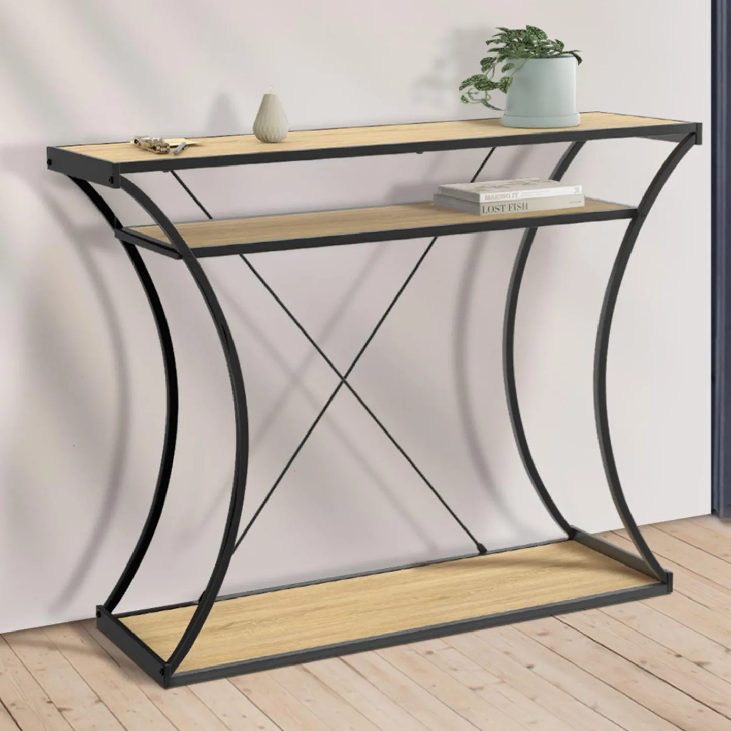 Console industrielle pieds courbés double étagères*IDMarket Discount