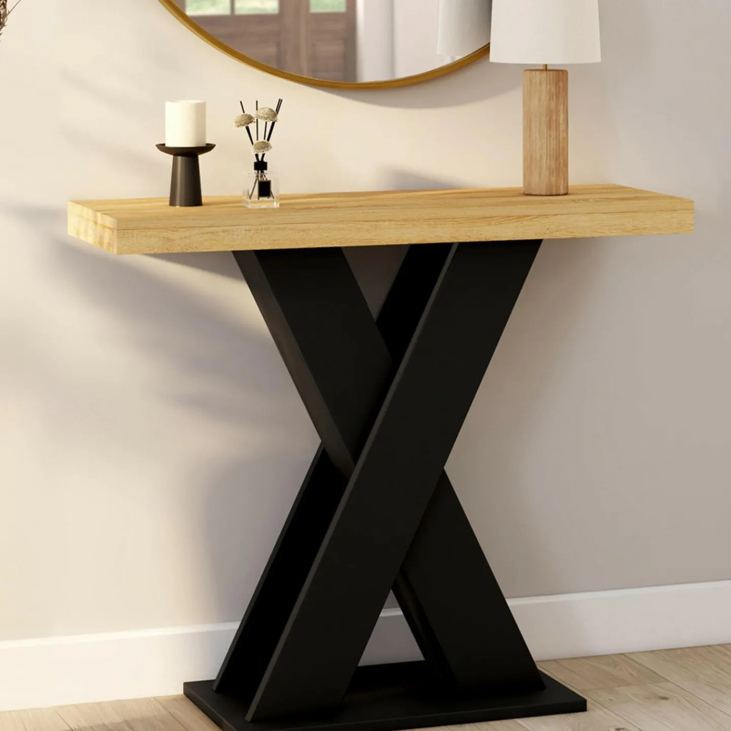 Console plateau bois et pied X noir*IDMarket Sale