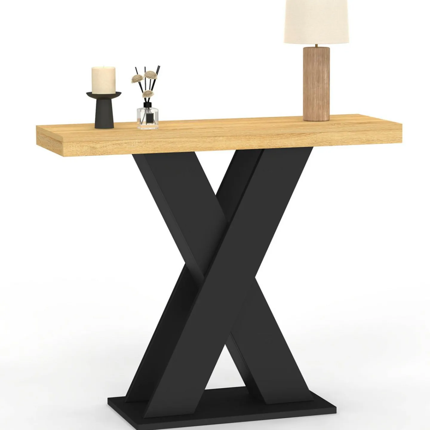 Console plateau bois et pied X noir*IDMarket Sale
