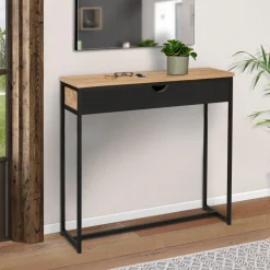 Console style industriel bois et métal 90 cm avec tiroir*IDMarket Online