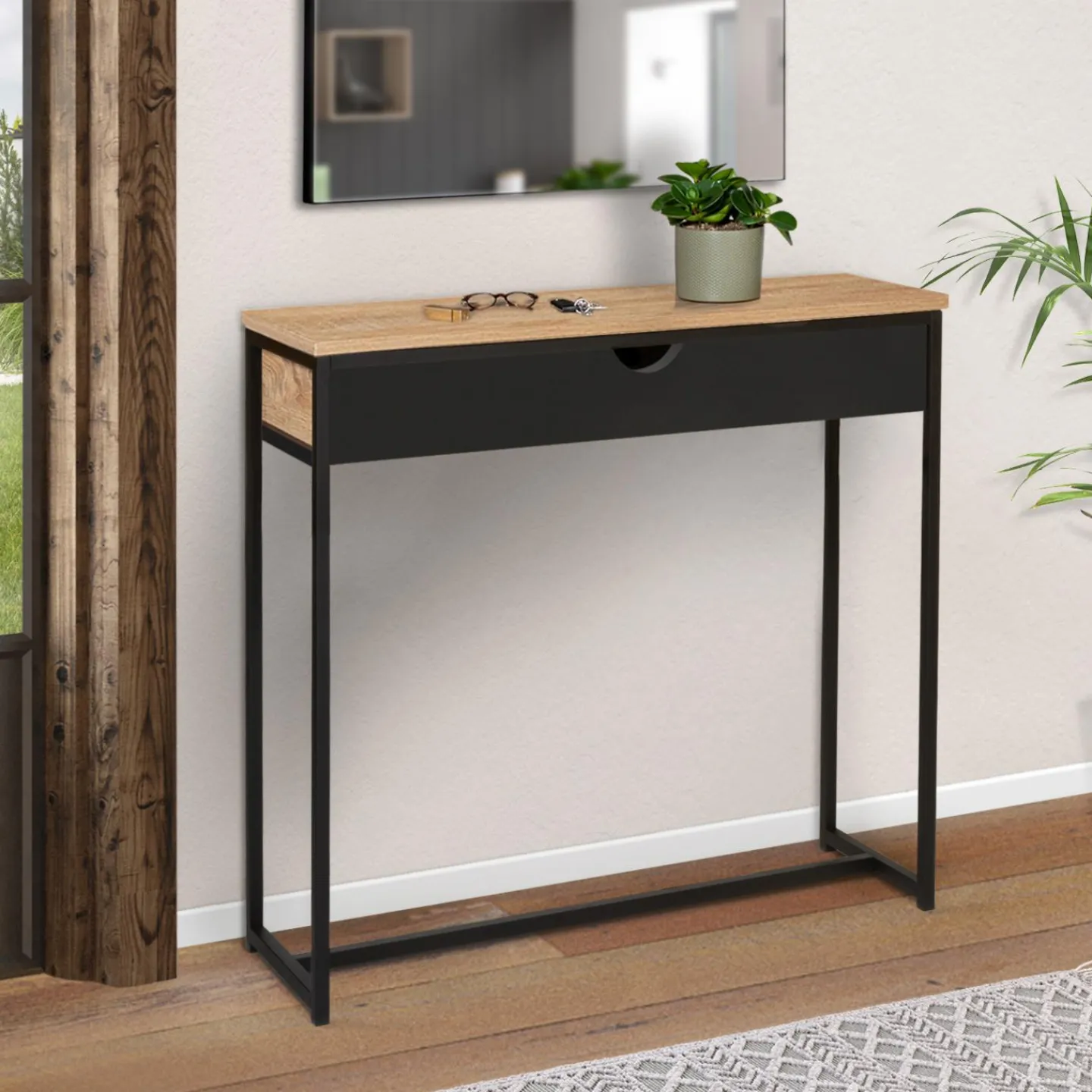 Console style industriel bois et métal 90 cm avec tiroir*IDMarket Online