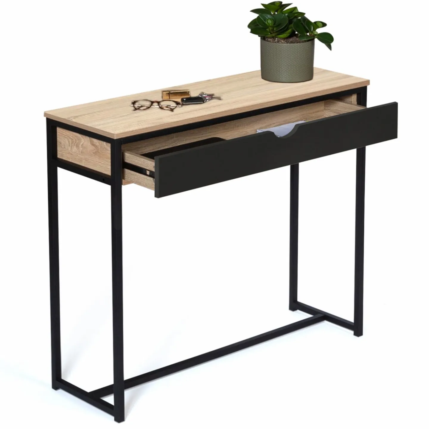 Console style industriel bois et métal 90 cm avec tiroir*IDMarket Online